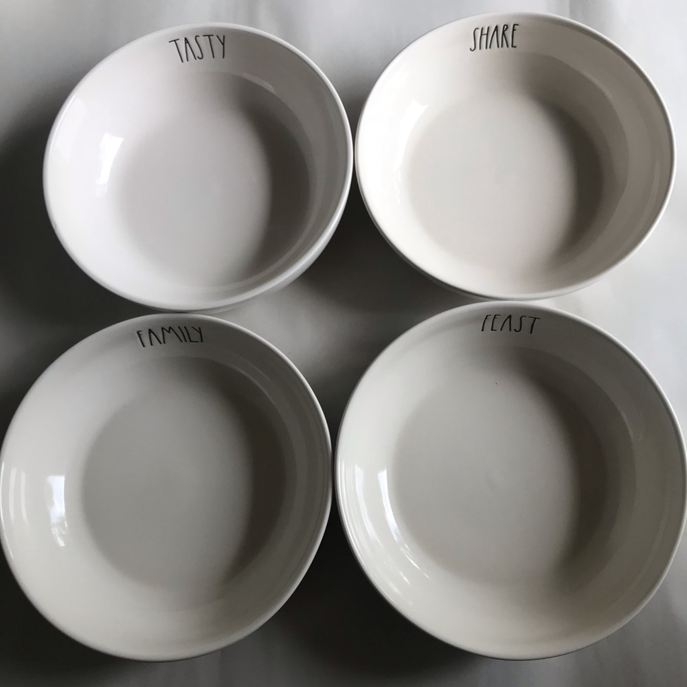 Rae Dunn pasta bowls family, tasty, feast & share